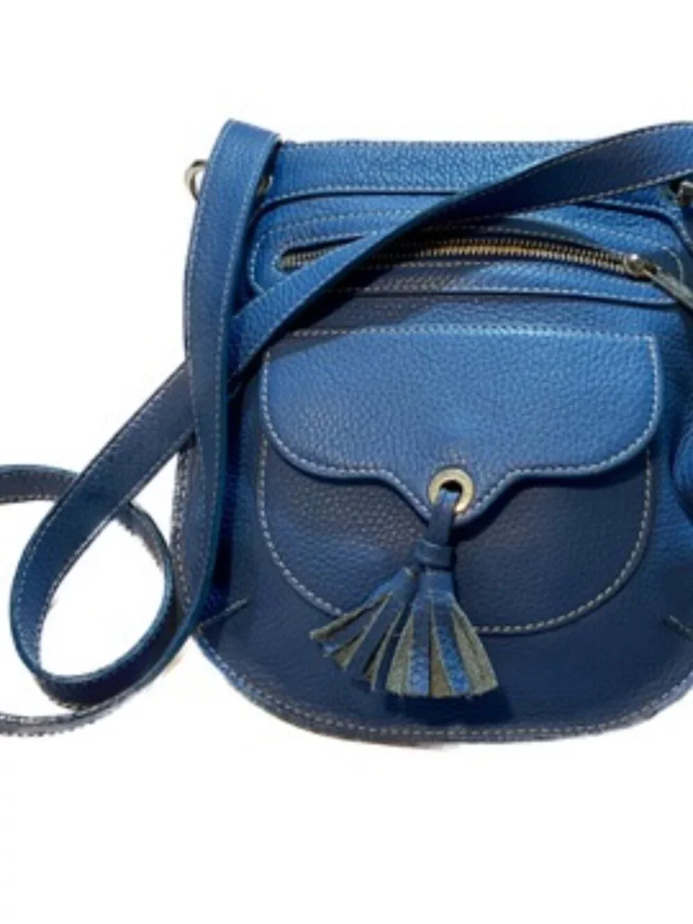 Rossi & Caruso Blue Pebbled Leather Tassel Crossbody Bag | Made in Argentina